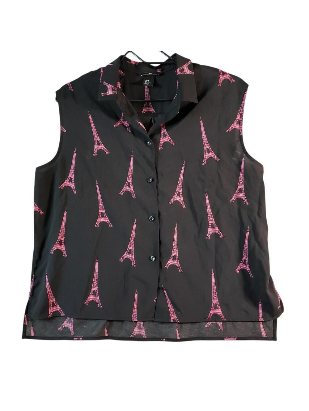 H&M Sleeveless Collared Button Blouse Black Pink Eiffel Tower Print Size S